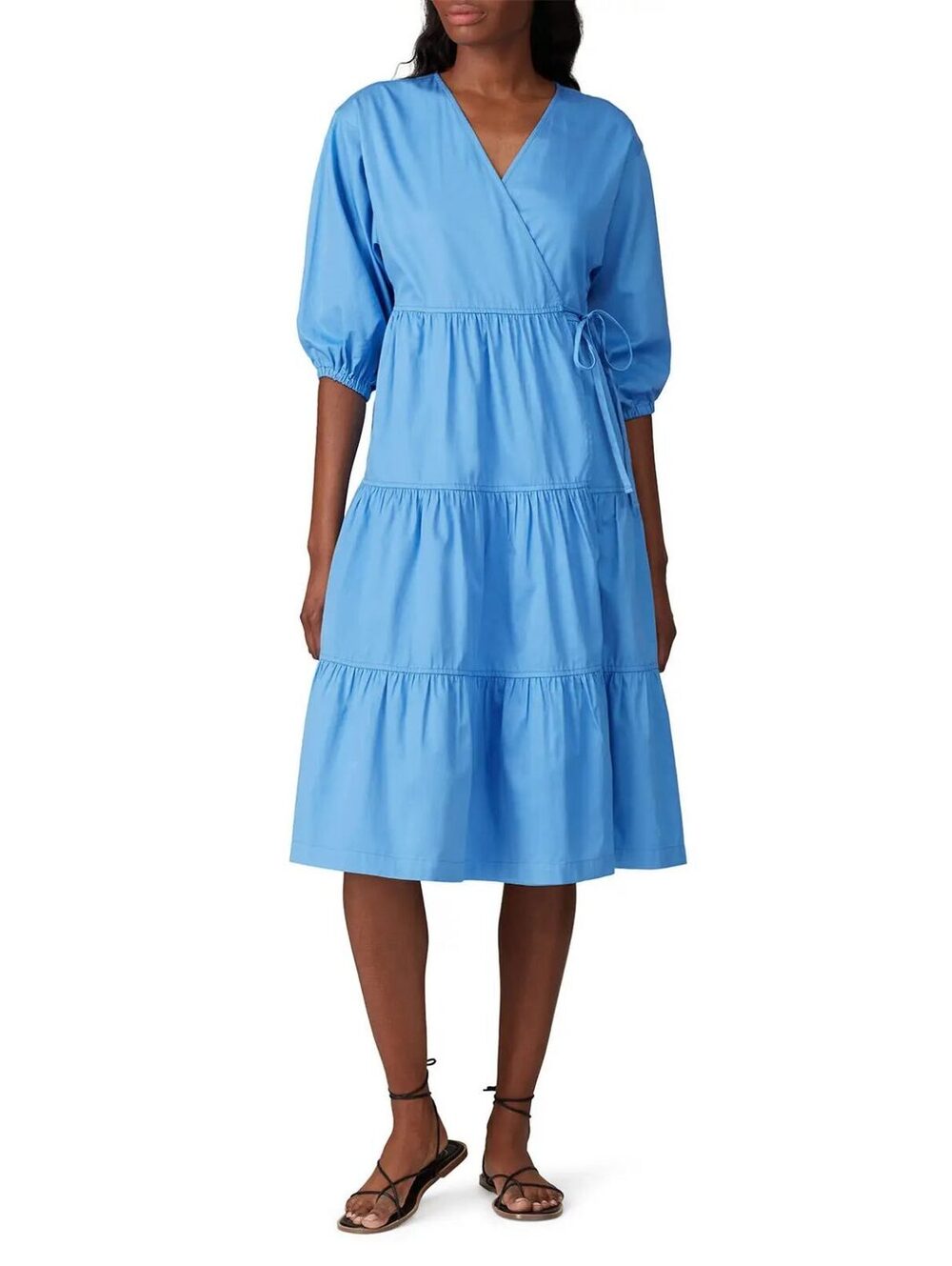 Sweet Baby Jamie Blue Tiered Wrap Midi Dress Cotton 3/4 Sleeve Size M